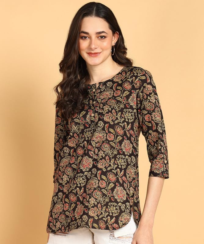 Classy Black - Women's Floral Printed Cotton Top - Stylish Long Top with Mandarin Collar, Perfect for Jeans, Ideal for Casual & Ethnic Wear