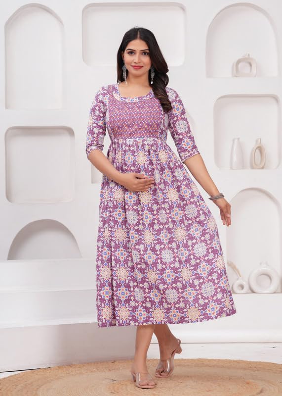 Pink - JAIPURFAME Maternity Feeding Kurti with Zipper | Cotton Floral Printed Pregnancy & Nursing Dress | Comfortable & Stylish Maternity Wear for Women | Breastfeeding Kurta with Zipper | Soft & Elegant