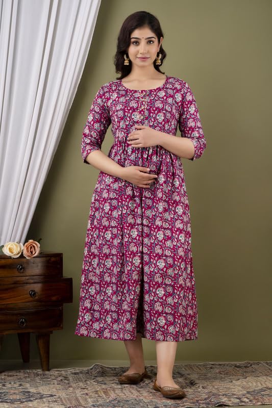 Wine - Maternity Feeding Kurti with Zipper | Cotton Floral Printed Pregnancy & Nursing Dress | Comfortable Maternity Wear for Women | Breastfeeding Kurta Set with Zip | Stylish & Soft