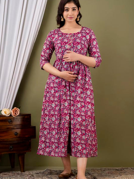 Wine - Maternity Feeding Kurti with Zipper | Cotton Floral Printed Pregnancy & Nursing Dress | Comfortable Maternity Wear for Women | Breastfeeding Kurta Set with Zip | Stylish & Soft