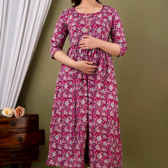 Wine - JAIPURFAME Maternity Feeding Kurti with Zipper | Cotton Floral Printed Pregnancy & Nursing Dress | Comfortable & Stylish Maternity Wear for Women | Breastfeeding Kurta with Zipper | Soft & Elegant