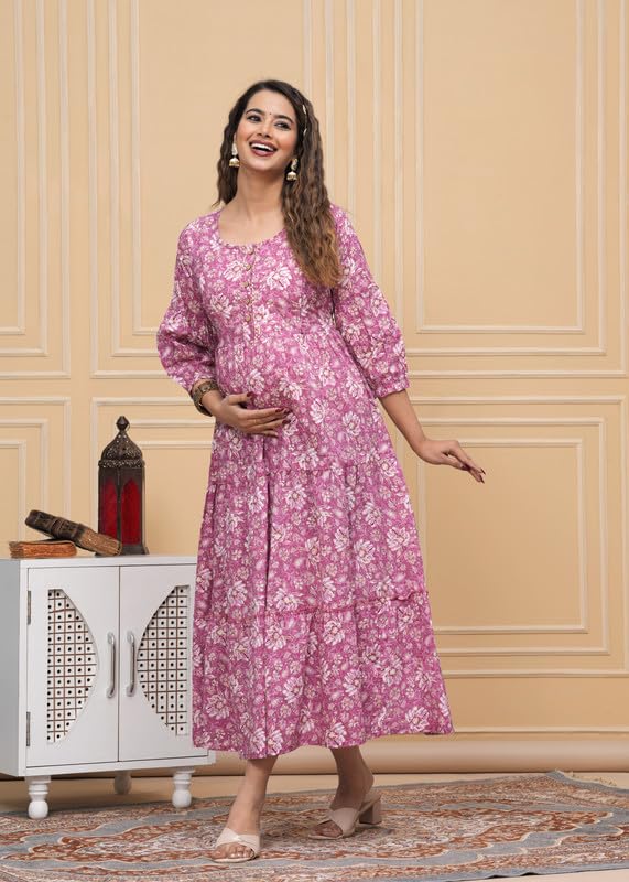 Pink Freel - Maternity Feeding Kurti with Zipper | Cotton Floral Printed Pregnancy & Nursing Dress | Comfortable Maternity Wear for Women | Breastfeeding Kurta Set with Zip | Stylish & Soft