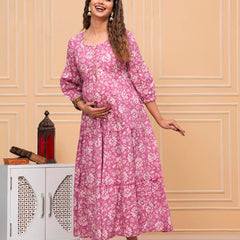 Pink Freel - Maternity Feeding Kurti with Zipper | Cotton Floral Printed Pregnancy & Nursing Dress | Comfortable & Stylish Maternity Wear for Women | Breastfeeding Kurta with Zipper | Soft & Elegant