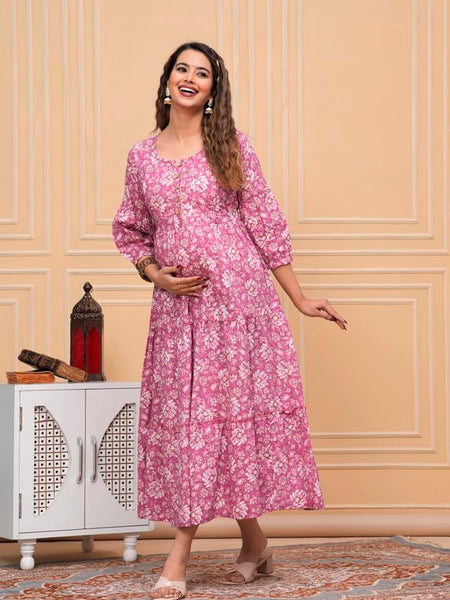 Pink Freel - JAIPURFAME Maternity Feeding Kurti with Zipper | Cotton Floral Printed Pregnancy & Nursing Dress | Comfortable & Stylish Maternity Wear for Women | Breastfeeding Kurta with Zipper | Soft & Elegant