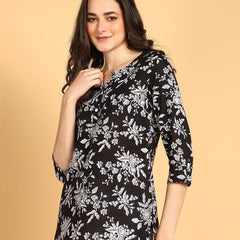 Black1 - Women's Floral Printed Cotton Top - Stylish Long Top with Mandarin Collar, Perfect for Jeans, Ideal for Casual & Ethnic Wear