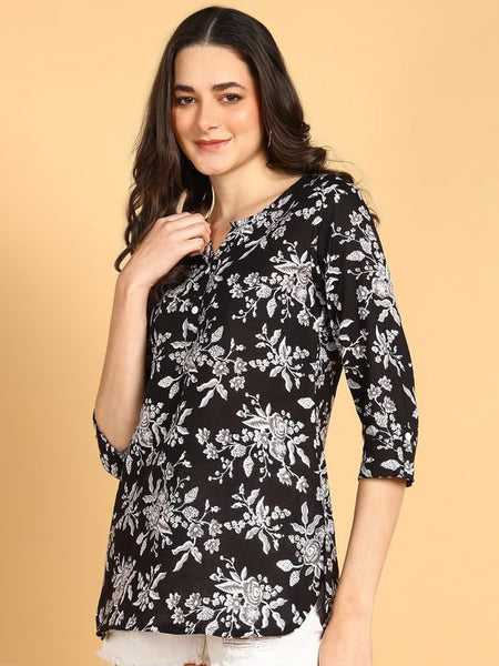 Black1 - Women's Floral Printed Cotton Top - Stylish Long Top with Mandarin Collar, Perfect for Jeans, Ideal for Casual & Ethnic Wear