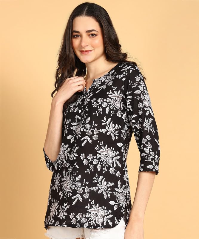 Black1 - Women's Floral Printed Cotton Top - Stylish Long Top with Mandarin Collar, Perfect for Jeans, Ideal for Casual & Ethnic Wear