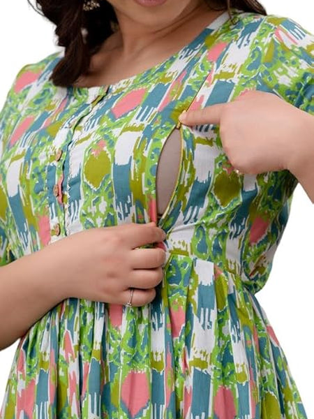 Stylish Women's Pure Cotton All Over Printed Calf Length Kurti Gown, Maternity Dress, and Feeding Dress Comfortable and Elegant Maternity Wear for Women Green Mint