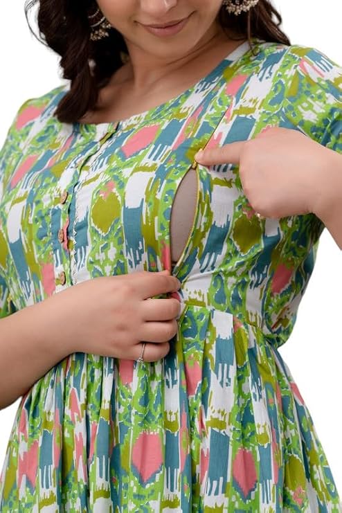 Stylish Women's Pure Cotton All Over Printed Calf Length Kurti Gown, Maternity Dress, and Feeding Dress Comfortable and Elegant Maternity Wear for Women Green Mint