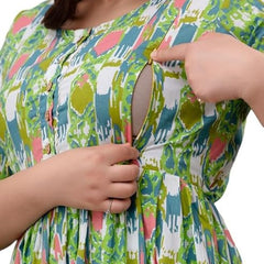 Stylish Women's Pure Cotton All Over Printed Calf Length Kurti Gown, Maternity Dress, and Feeding Dress Comfortable and Elegant Maternity Wear for Women Green Mint