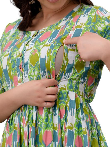 Stylish Women's Pure Cotton All Over Printed Calf Length Kurti Gown, Maternity Dress, and Feeding Dress Comfortable and Elegant Maternity Wear for Women Green Mint