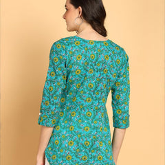 Green - Women's Floral Printed Cotton Top - Stylish Long Top with Mandarin Collar, Perfect for Jeans, Ideal for Casual & Ethnic Wear