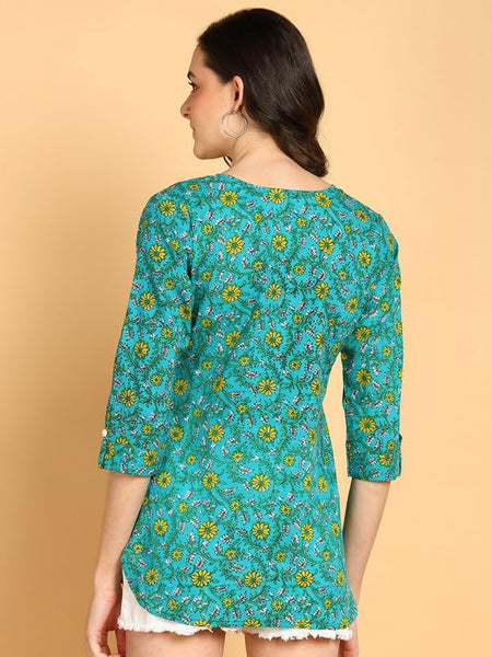 Green - Women's Floral Printed Cotton Top - Stylish Long Top with Mandarin Collar, Perfect for Jeans, Ideal for Casual & Ethnic Wear
