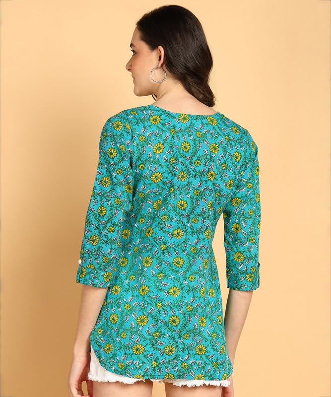 Green - Women's Floral Printed Cotton Top - Stylish Long Top with Mandarin Collar, Perfect for Jeans, Ideal for Casual & Ethnic Wear
