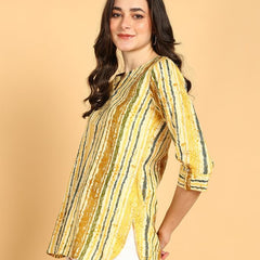 Yellow Multi - Women's Floral Printed Cotton Top - Stylish Long Top with Mandarin Collar, Perfect for Jeans, Ideal for Casual & Ethnic Wear