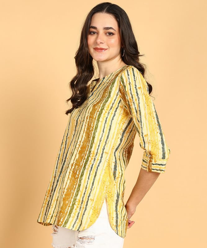 Yellow Multi - Women's Floral Printed Cotton Top - Stylish Long Top with Mandarin Collar, Perfect for Jeans, Ideal for Casual & Ethnic Wear