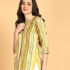Yellow Multi - Women's Floral Printed Cotton Top - Stylish Long Top with Mandarin Collar, Perfect for Jeans, Ideal for Casual & Ethnic Wear