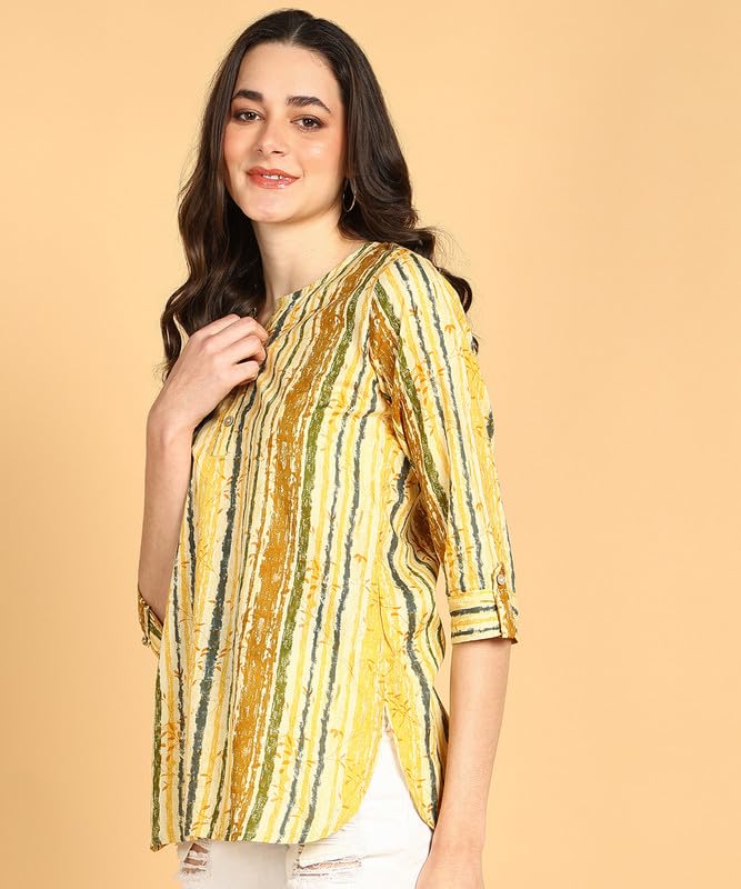 Yellow Multi - Women's Floral Printed Cotton Top - Stylish Long Top with Mandarin Collar, Perfect for Jeans, Ideal for Casual & Ethnic Wear