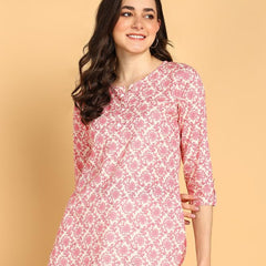 Pink - Women's Floral Printed Cotton Top - Stylish Long Top with Mandarin Collar, Perfect for Jeans, Ideal for Casual & Ethnic Wear
