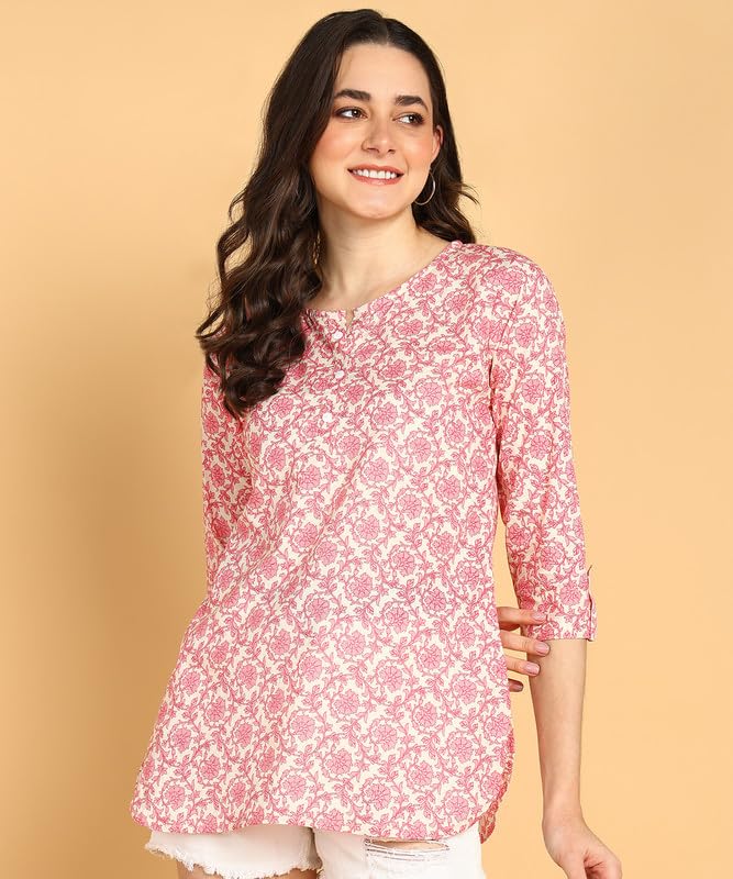 Pink - Women's Floral Printed Cotton Top - Stylish Long Top with Mandarin Collar, Perfect for Jeans, Ideal for Casual & Ethnic Wear