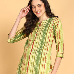 Green Multi - Women's Floral Printed Cotton Top - Stylish Long Top with Mandarin Collar, Perfect for Jeans, Ideal for Casual & Ethnic Wear