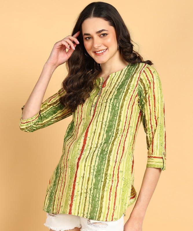 Green Multi - Women's Floral Printed Cotton Top - Stylish Long Top with Mandarin Collar, Perfect for Jeans, Ideal for Casual & Ethnic Wear