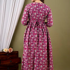 Wine - JAIPURFAME Maternity Feeding Kurti with Zipper | Cotton Floral Printed Pregnancy & Nursing Dress | Comfortable & Stylish Maternity Wear for Women | Breastfeeding Kurta with Zipper | Soft & Elegant