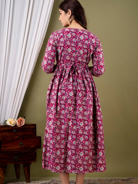 Wine - JAIPURFAME Maternity Feeding Kurti with Zipper | Cotton Floral Printed Pregnancy & Nursing Dress | Comfortable & Stylish Maternity Wear for Women | Breastfeeding Kurta with Zipper | Soft & Elegant