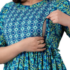 Water Blue - Maternity Feeding Kurti with Zipper | Cotton Floral Printed Pregnancy & Nursing Dress | Comfortable Maternity Wear for Women | Breastfeeding Kurta Set with Zip | Stylish & Soft