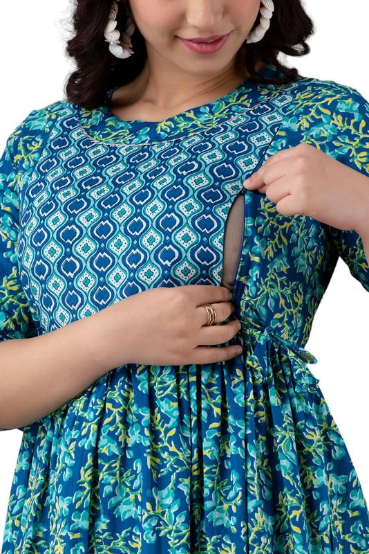 Water Blue - JAIPURFAME Maternity Feeding Kurti with Zipper | Cotton Floral Printed Pregnancy & Nursing Dress | Comfortable & Stylish Maternity Wear for Women | Breastfeeding Kurta with Zipper | Soft & Elegant