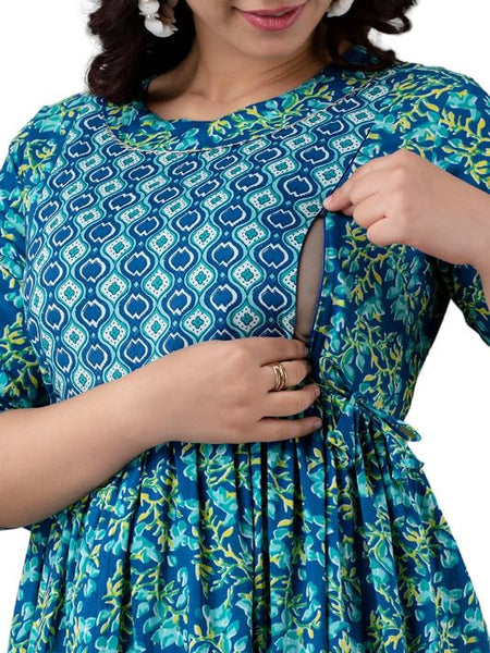 Water Blue - JAIPURFAME Maternity Feeding Kurti with Zipper | Cotton Floral Printed Pregnancy & Nursing Dress | Comfortable & Stylish Maternity Wear for Women | Breastfeeding Kurta with Zipper | Soft & Elegant