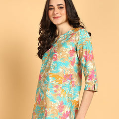 Cream - Women's Floral Printed Cotton Top - Stylish Long Top with Mandarin Collar, Perfect for Jeans, Ideal for Casual & Ethnic Wear