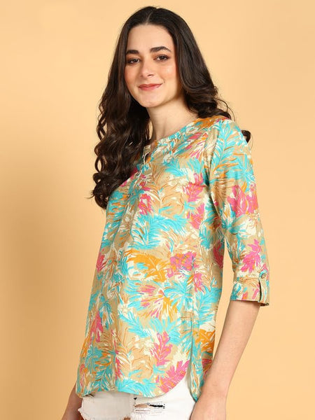 Cream - Women's Floral Printed Cotton Top - Stylish Long Top with Mandarin Collar, Perfect for Jeans, Ideal for Casual & Ethnic Wear