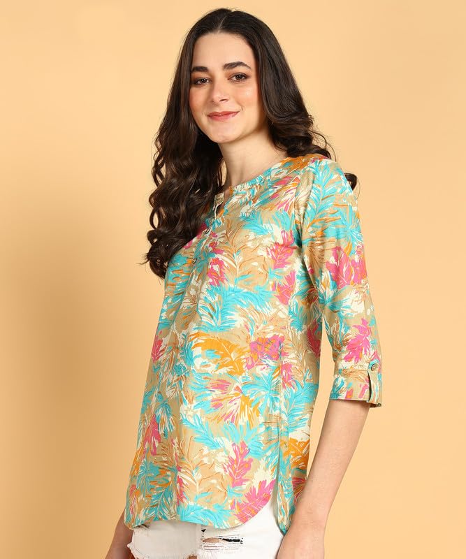 Cream - Women's Floral Printed Cotton Top - Stylish Long Top with Mandarin Collar, Perfect for Jeans, Ideal for Casual & Ethnic Wear