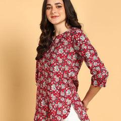 Wain - Women's Floral Printed Cotton Top - Stylish Long Top with Mandarin Collar, Perfect for Jeans, Ideal for Casual & Ethnic Wear