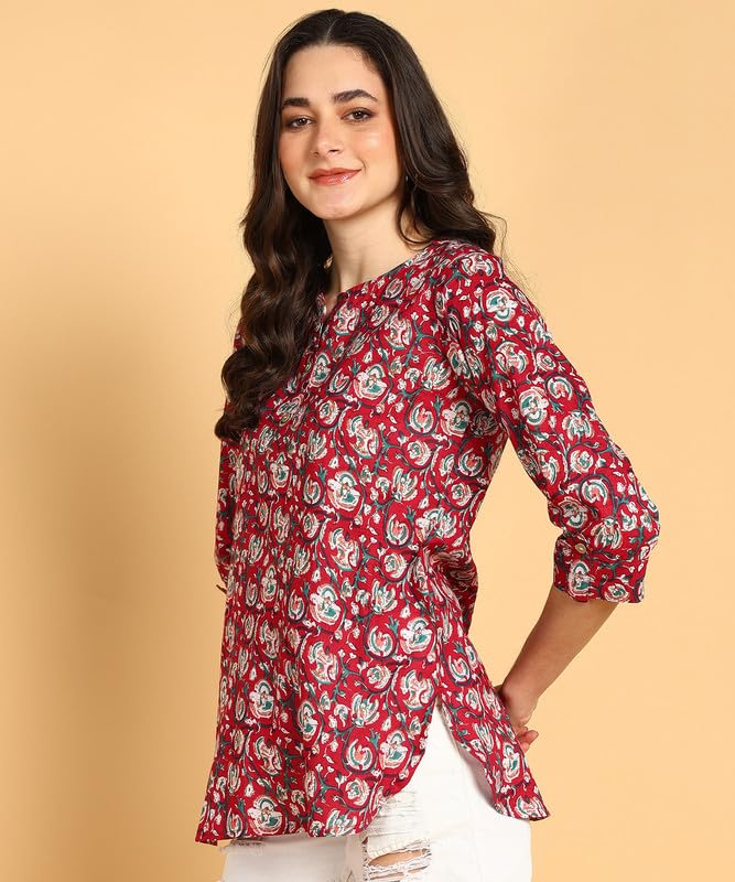 Wain - Women's Floral Printed Cotton Top - Stylish Long Top with Mandarin Collar, Perfect for Jeans, Ideal for Casual & Ethnic Wear