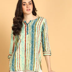 Sky Blue - Women's Floral Printed Cotton Top - Stylish Long Top with Mandarin Collar, Perfect for Jeans, Ideal for Casual & Ethnic Wear