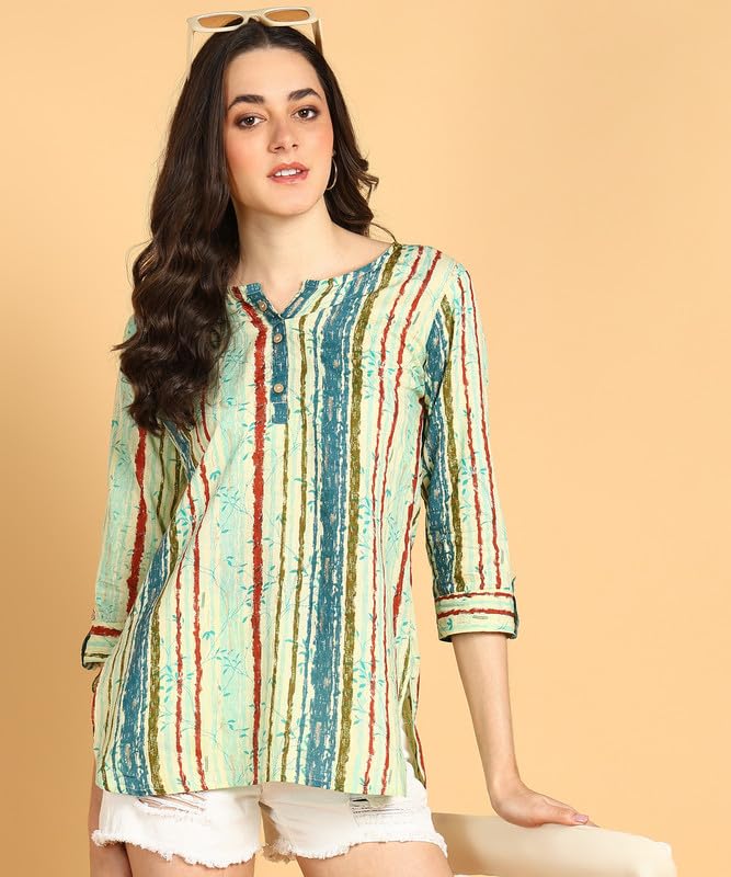 Sky Blue - Women's Floral Printed Cotton Top - Stylish Long Top with Mandarin Collar, Perfect for Jeans, Ideal for Casual & Ethnic Wear
