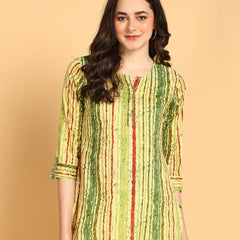 Green Multi - Women's Floral Printed Cotton Top - Stylish Long Top with Mandarin Collar, Perfect for Jeans, Ideal for Casual & Ethnic Wear