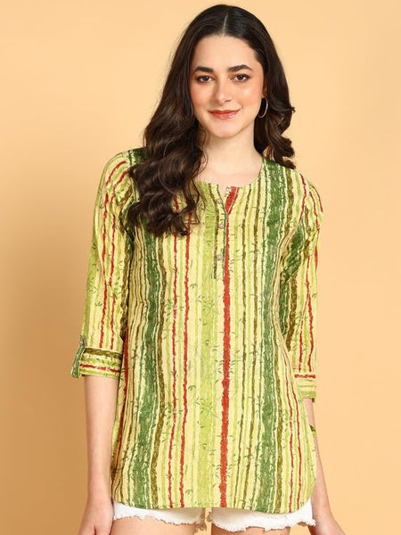 Green Multi - Women's Floral Printed Cotton Top - Stylish Long Top with Mandarin Collar, Perfect for Jeans, Ideal for Casual & Ethnic Wear