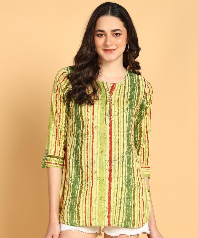 Green Multi - Women's Floral Printed Cotton Top - Stylish Long Top with Mandarin Collar, Perfect for Jeans, Ideal for Casual & Ethnic Wear