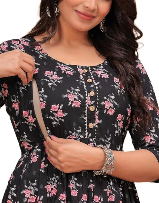 BLACK - Women's Stylish Pure Cotton Printed Kurti Gown – Comfortable and Elegant Maternity & Feeding Dress for Women