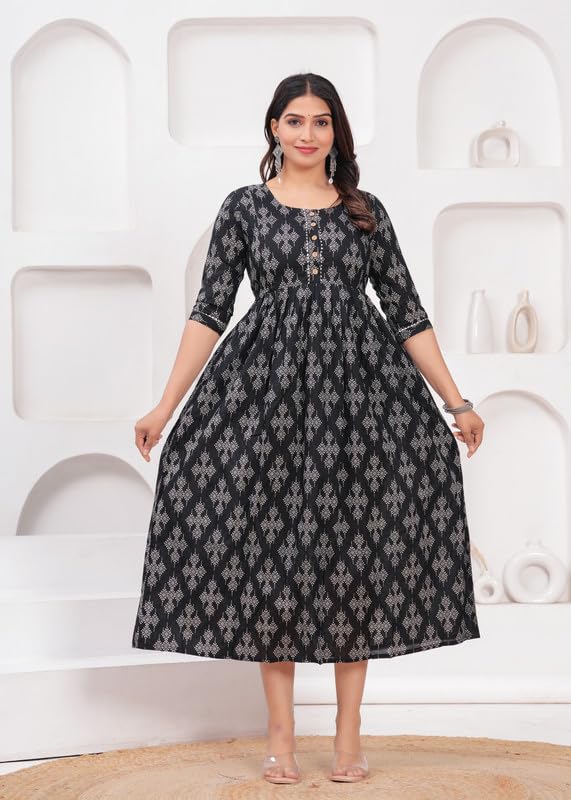Black - JAIPURFAME Maternity Feeding Kurti with Zipper | Cotton Floral Printed Pregnancy & Nursing Dress | Comfortable & Stylish Maternity Wear for Women | Breastfeeding Kurta with Zipper | Soft & Elegant