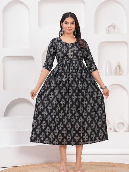 Black - JAIPURFAME Maternity Feeding Kurti with Zipper | Cotton Floral Printed Pregnancy & Nursing Dress | Comfortable & Stylish Maternity Wear for Women | Breastfeeding Kurta with Zipper | Soft & Elegant