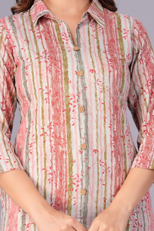 Peach - Women's Cotton Kurta | Elegant Rust Stripe Collar-Neck Kurta | Perfect Blend of Comfort & Style | Suitable for Party & Casual Wear