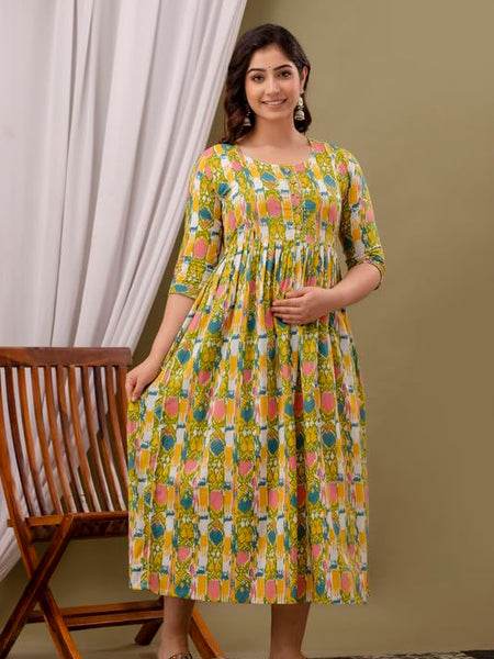 Patron - Maternity Feeding Kurti with Zipper | Cotton Floral Printed Pregnancy & Nursing Dress | Comfortable & Stylish Maternity Wear for Women | Breastfeeding Kurta with Zipper | Soft & Elegant