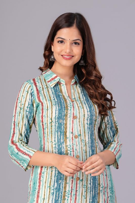 Sky Blue - Women's Cotton Kurta | Elegant Rust Stripe Collar-Neck Kurta | Perfect Blend of Comfort & Style | Suitable for Party & Casual Wear