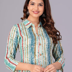 Sky Blue - Women's Cotton Kurta | Elegant Rust Stripe Collar-Neck Kurta | Perfect Blend of Comfort & Style | Suitable for Party & Casual Wear