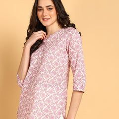 Purple - Women's Floral Printed Cotton Top - Stylish Long Top with Mandarin Collar, Perfect for Jeans, Ideal for Casual & Ethnic Wear