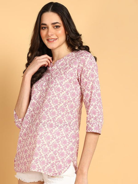 Purple - Women's Floral Printed Cotton Top - Stylish Long Top with Mandarin Collar, Perfect for Jeans, Ideal for Casual & Ethnic Wear